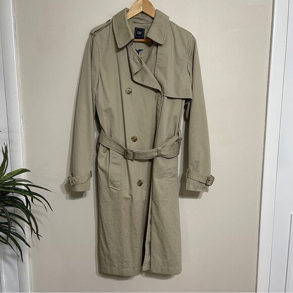 Gap Classic Double Breast Trench Coat Front Lapel Cotton Tan Size M - Picture 1 of 6